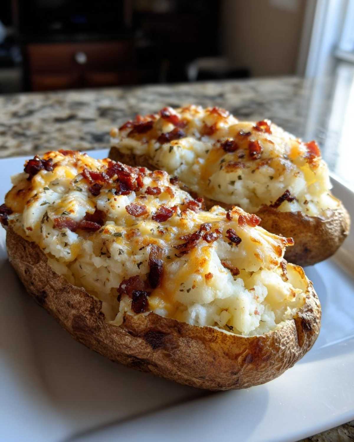 Two golden twice baked potatoes stuffed with creamy filling, melted cheese, and crispy bacon bits.