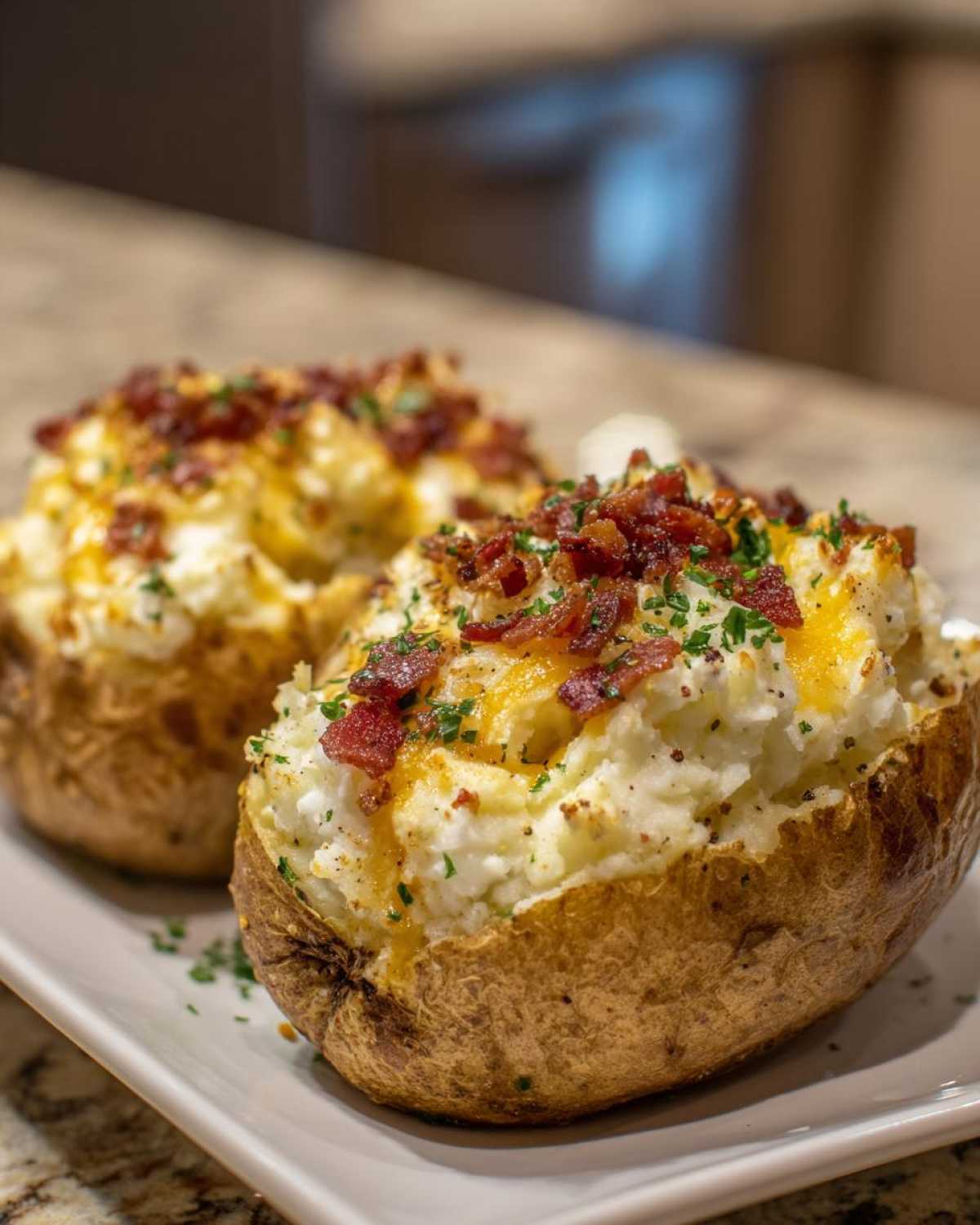 Two delicious twice baked potatoes stuffed with creamy filling, topped with bacon bits and chives.