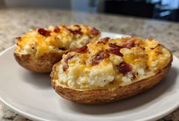 Two halves of twice baked potatoes loaded with creamy filling, melted cheddar cheese, and crispy bacon bits.