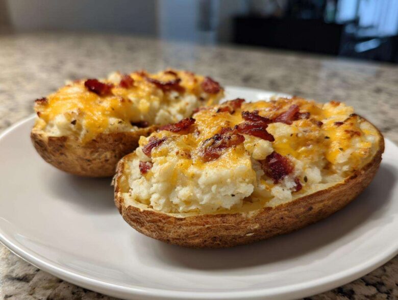 Two halves of twice baked potatoes loaded with creamy filling, melted cheddar cheese, and crispy bacon bits.