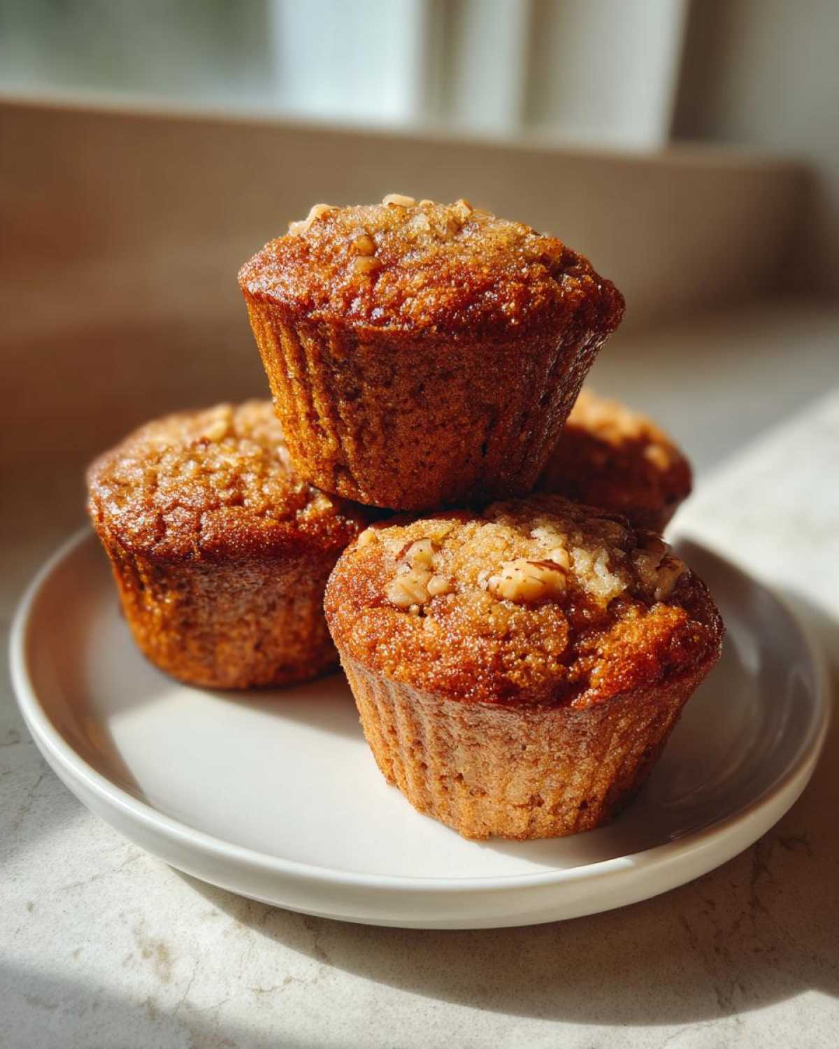 A stack of four golden brown banana nut muffins topped with walnuts, sitting on a white plate near a window.