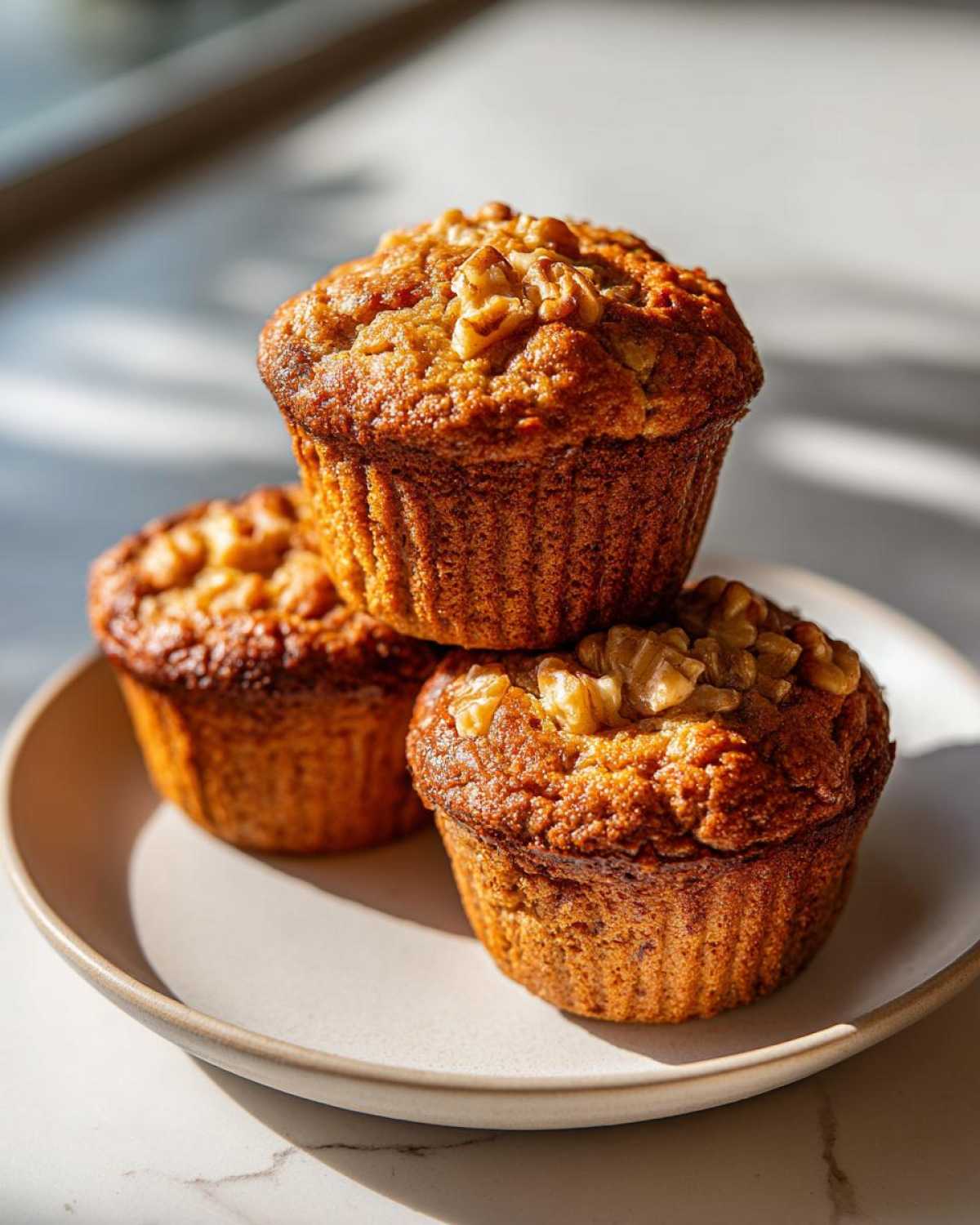 Three golden brown banana nut muffins stacked on a light plate, topped with walnuts.