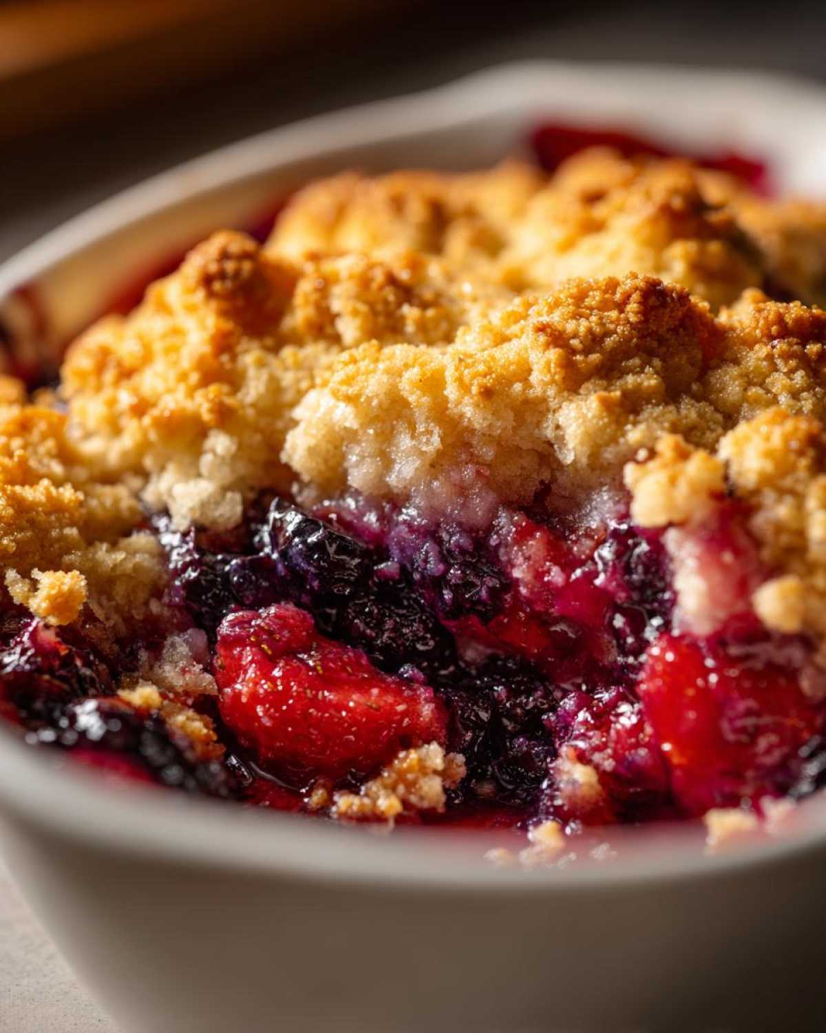 Close-up of a warm, bubbling berry cobbler showing the golden, crumbly topping over juicy mixed berries.