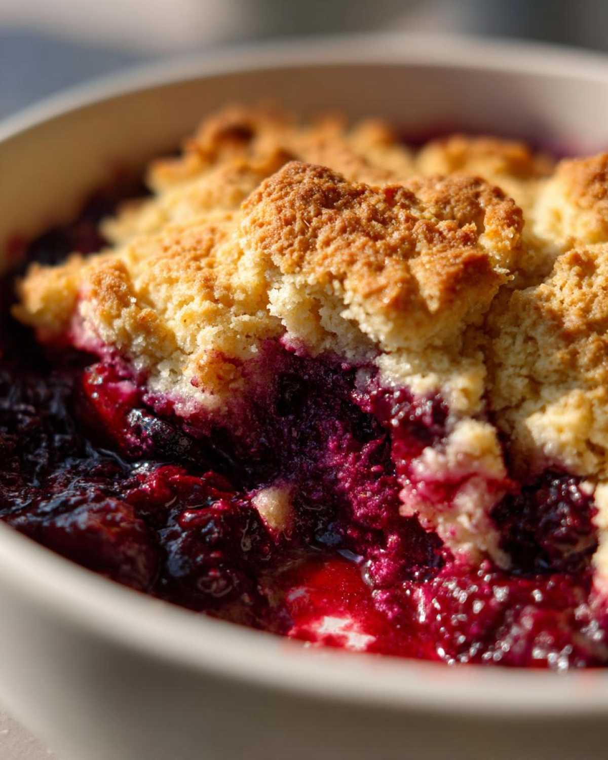 Close-up of a warm, bubbling berry cobbler with a golden, crumbly topping.