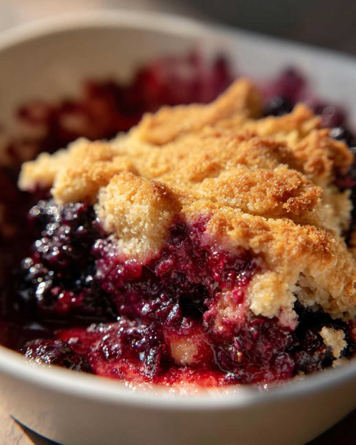 A close-up shot of a serving of warm berry cobbler showing the bubbling dark purple fruit filling and golden, crumbly topping.