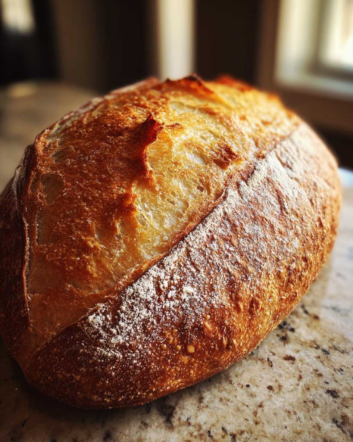 Close-up of a freshly baked loaf of French bread with a deeply browned, crackled crust dusted lightly with flour.