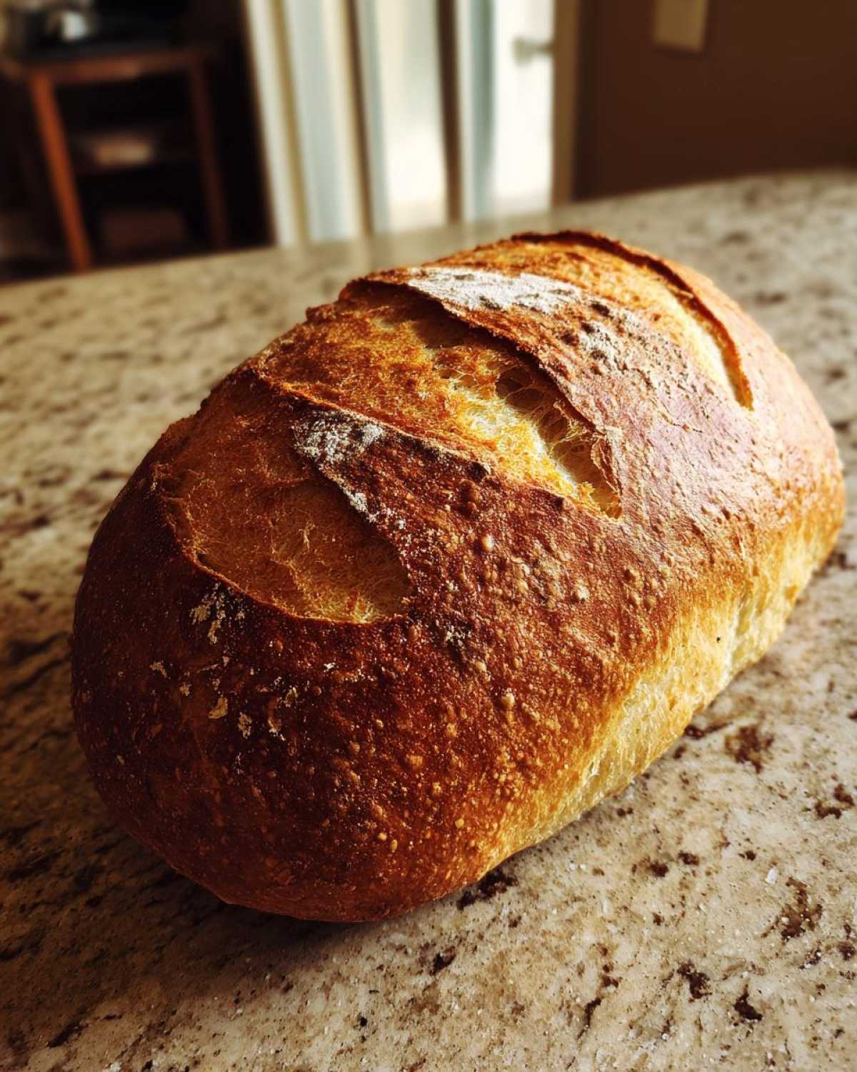 A close-up of a beautifully baked loaf of French bread with a deep golden, crackled crust resting on a granite countertop.