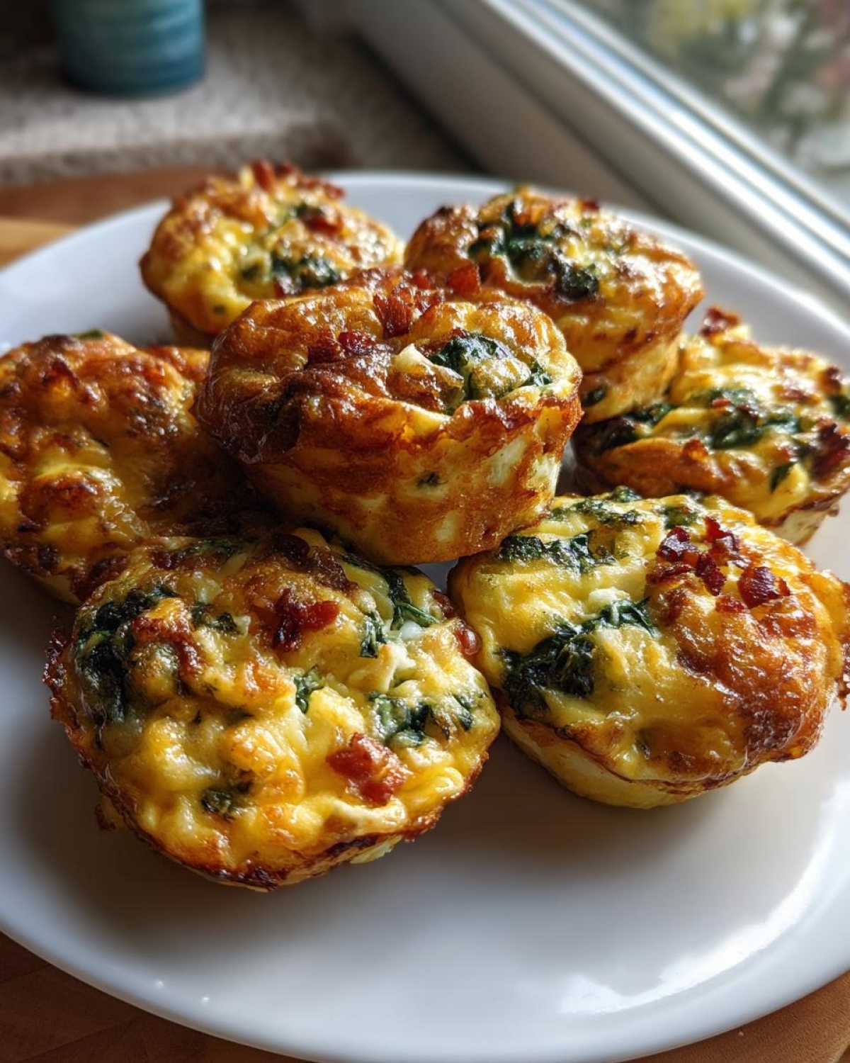 A plate of freshly baked, golden brown egg bites mixed with spinach and bacon pieces.