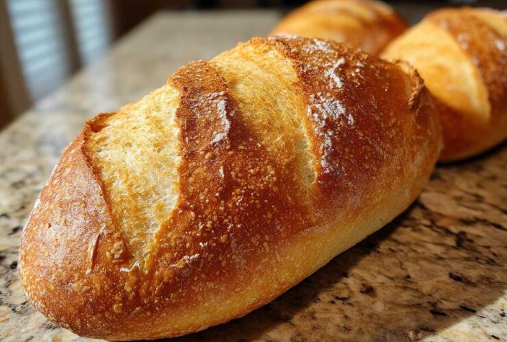 Close-up of a perfectly baked, golden brown French bread loaf with a crisp, scored crust sitting on a granite countertop.