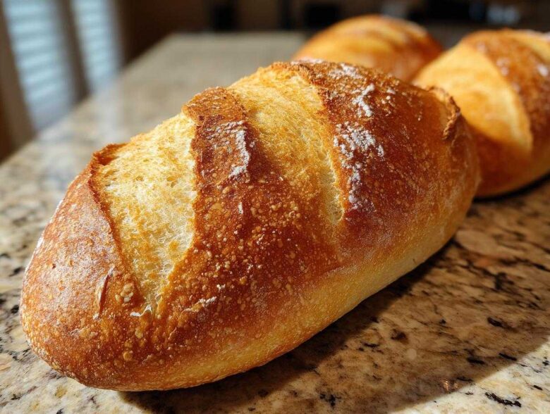 Close-up of a perfectly baked, golden brown French bread loaf with a crisp, scored crust sitting on a granite countertop.