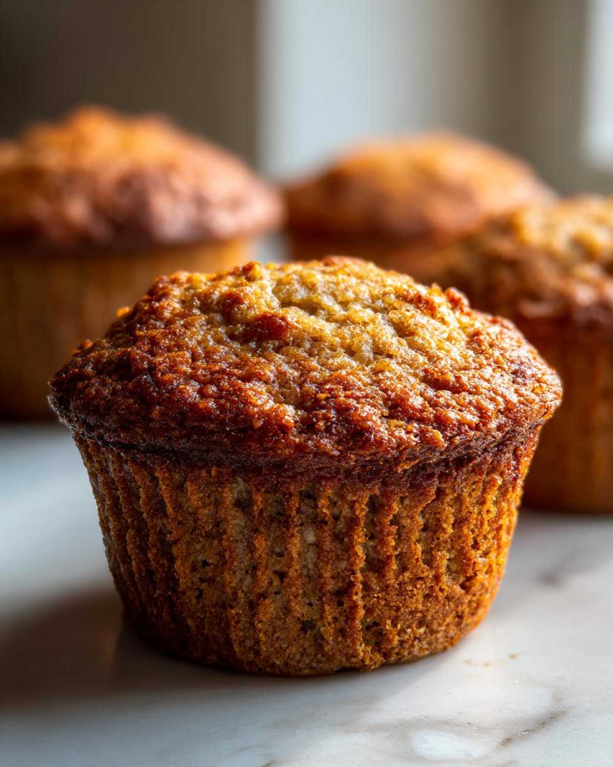A close-up, dramatic shot of a perfectly baked honey bran muffin with a deeply browned, textured top.