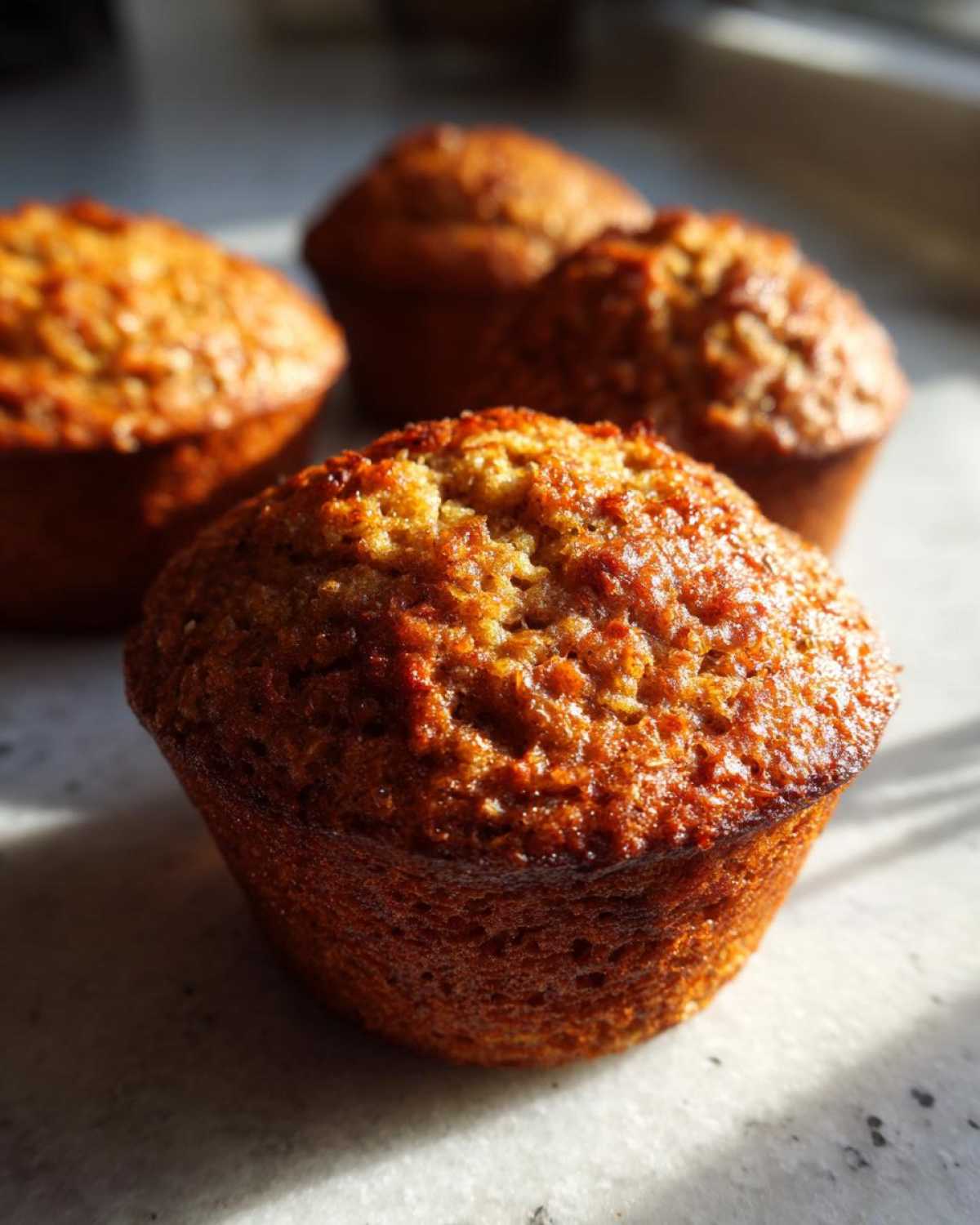 A close-up shot of a perfectly baked, golden brown honey bran muffin with three others blurred in the background.