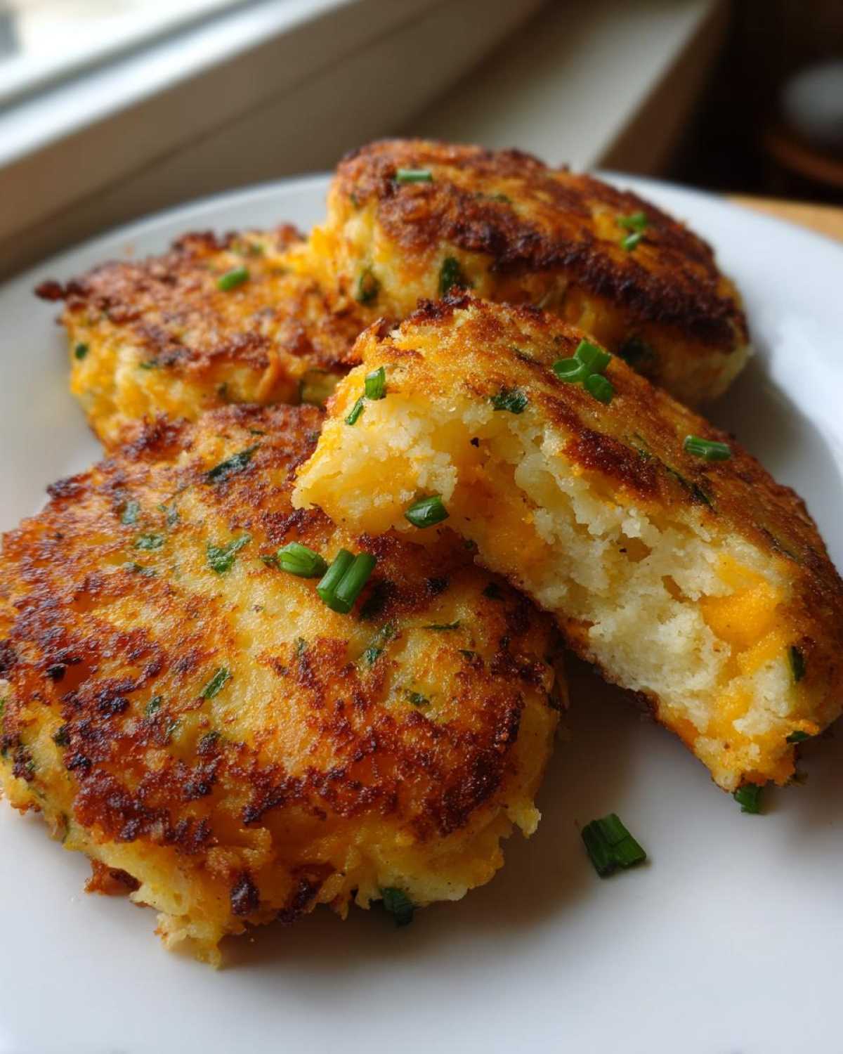 Close-up of golden brown mashed potato cakes, one cut open showing melted cheddar cheese inside, garnished with chives.
