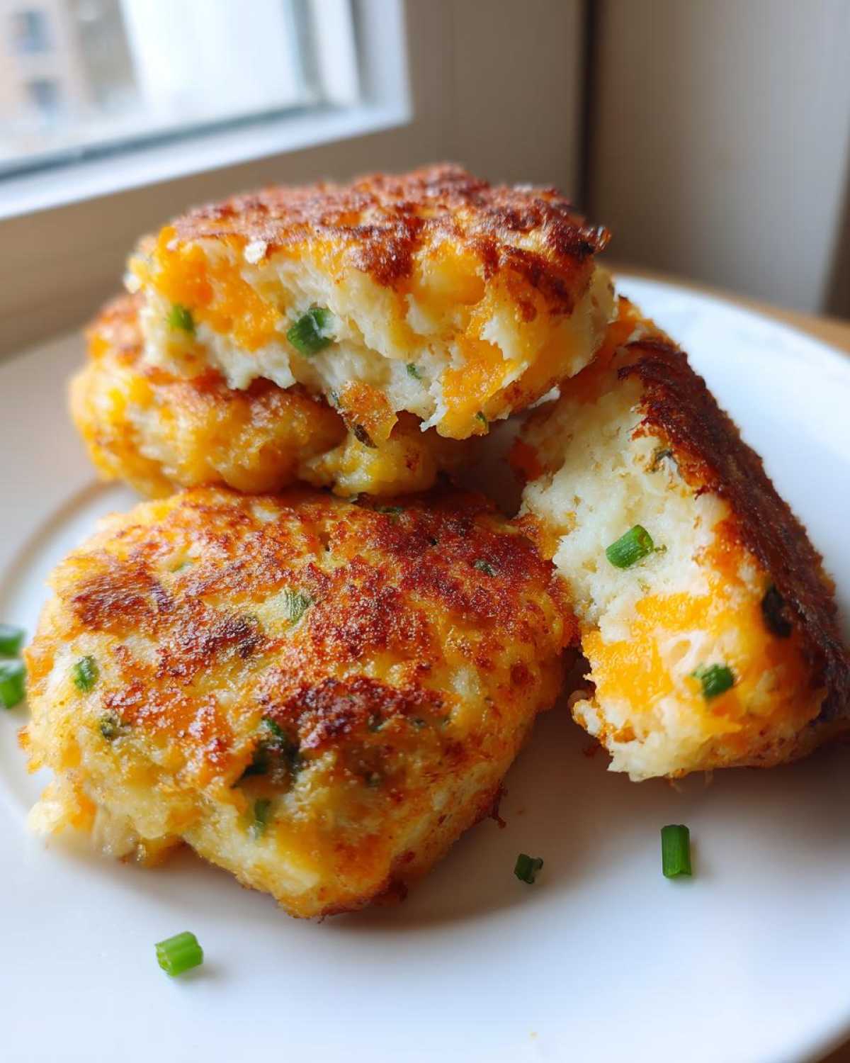 Close-up of golden brown mashed potato cakes, one broken open showing cheese and chives inside.