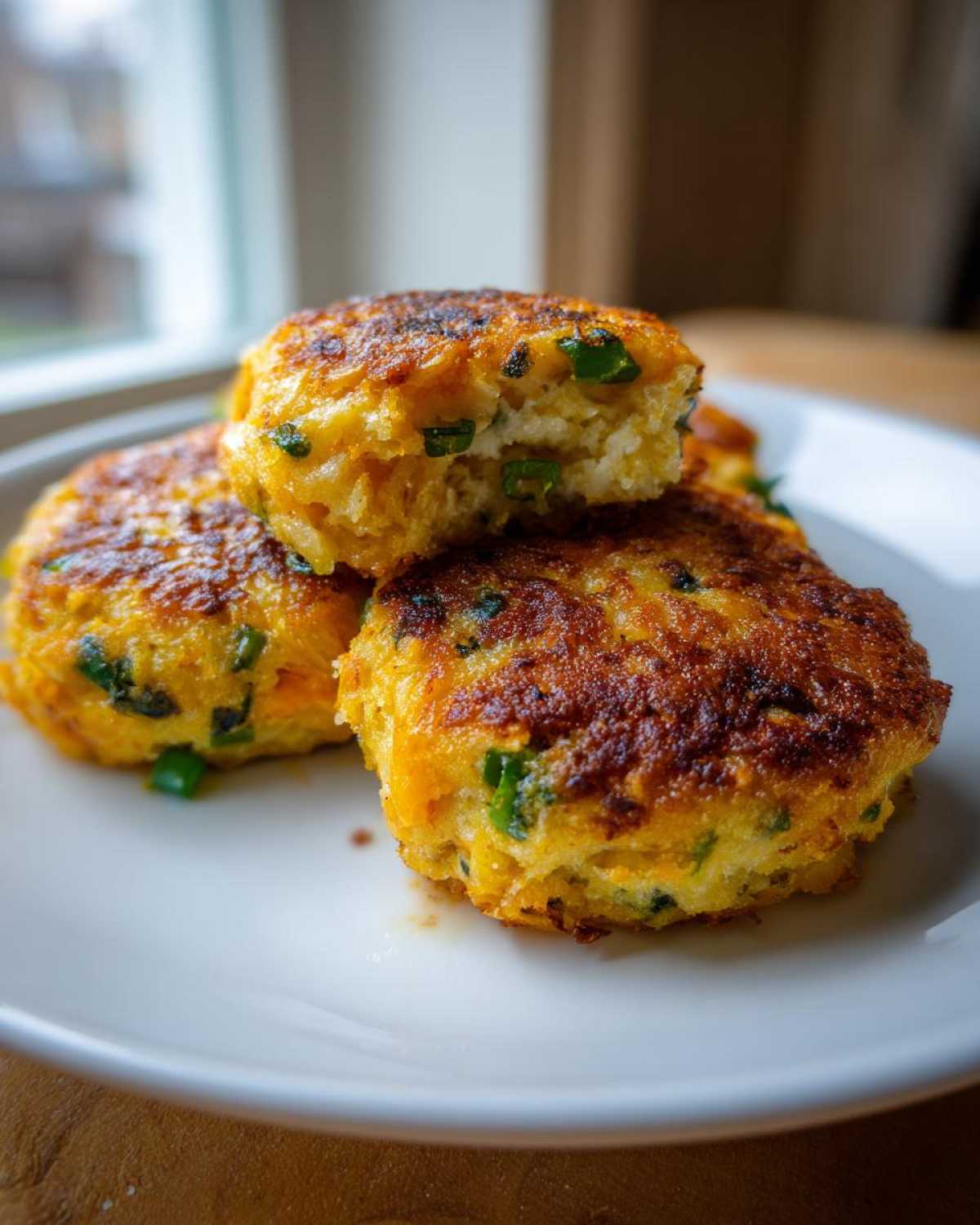 Close-up of three golden brown mashed potato cakes stacked on a white plate, one is broken open showing the fluffy interior.