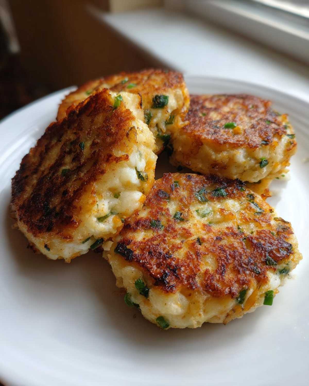 Four golden brown, pan-fried mashed potato cakes flecked with green herbs served on a white plate.