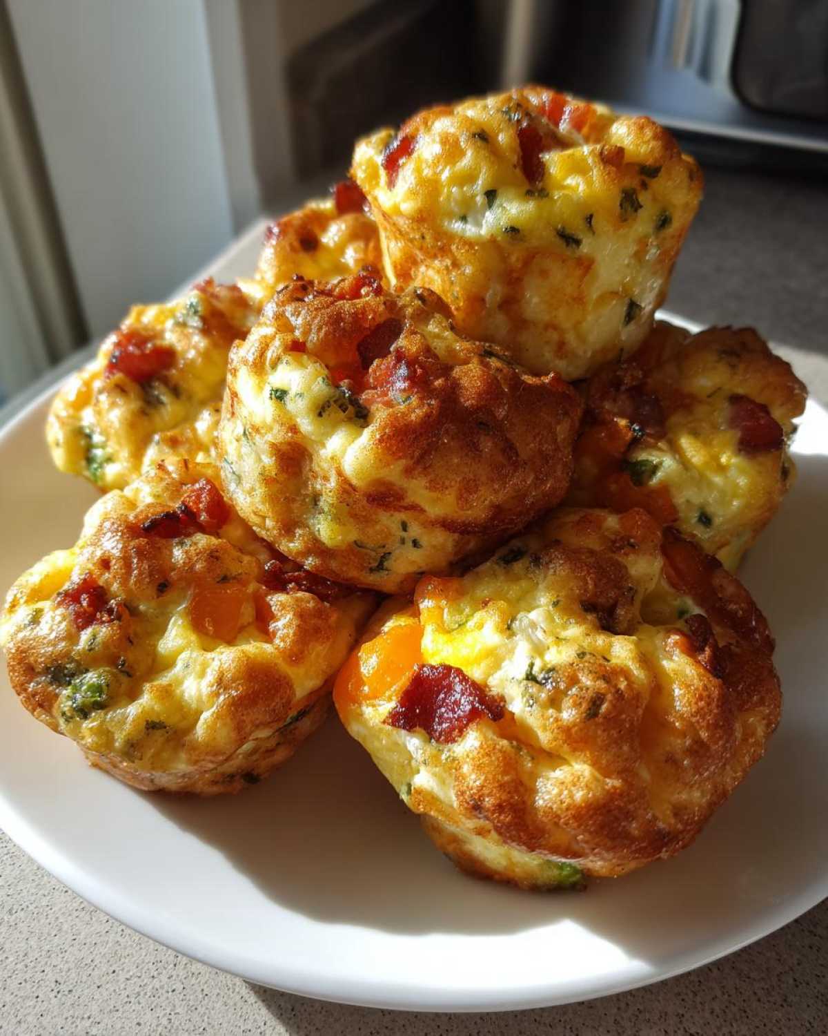 A stack of golden-brown muffin tin egg bites filled with visible pieces of bacon and peppers on a white plate.
