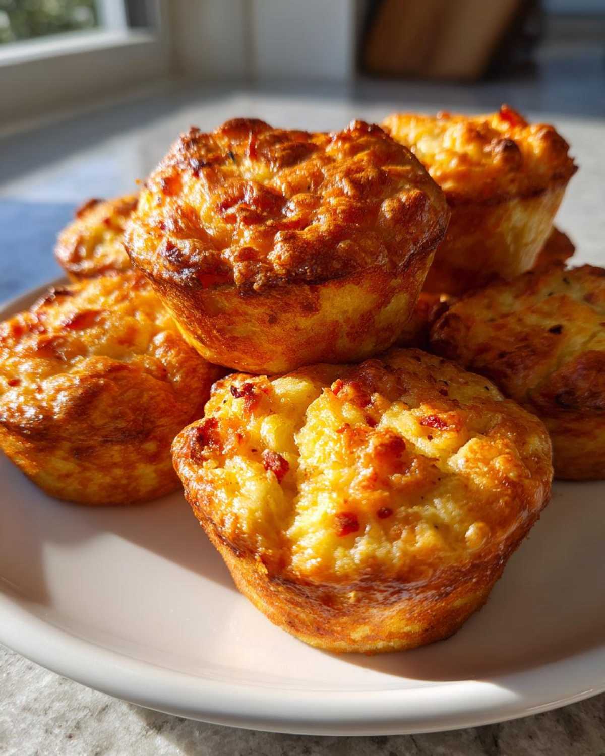 A stack of golden brown, cheesy pizza muffins with visible bits of topping on a white plate.