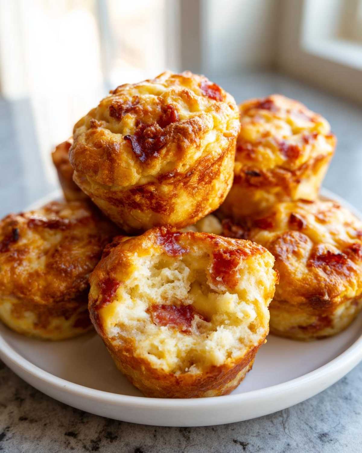 A stack of golden brown pizza muffins, one broken open showing the cheesy interior with pepperoni pieces.