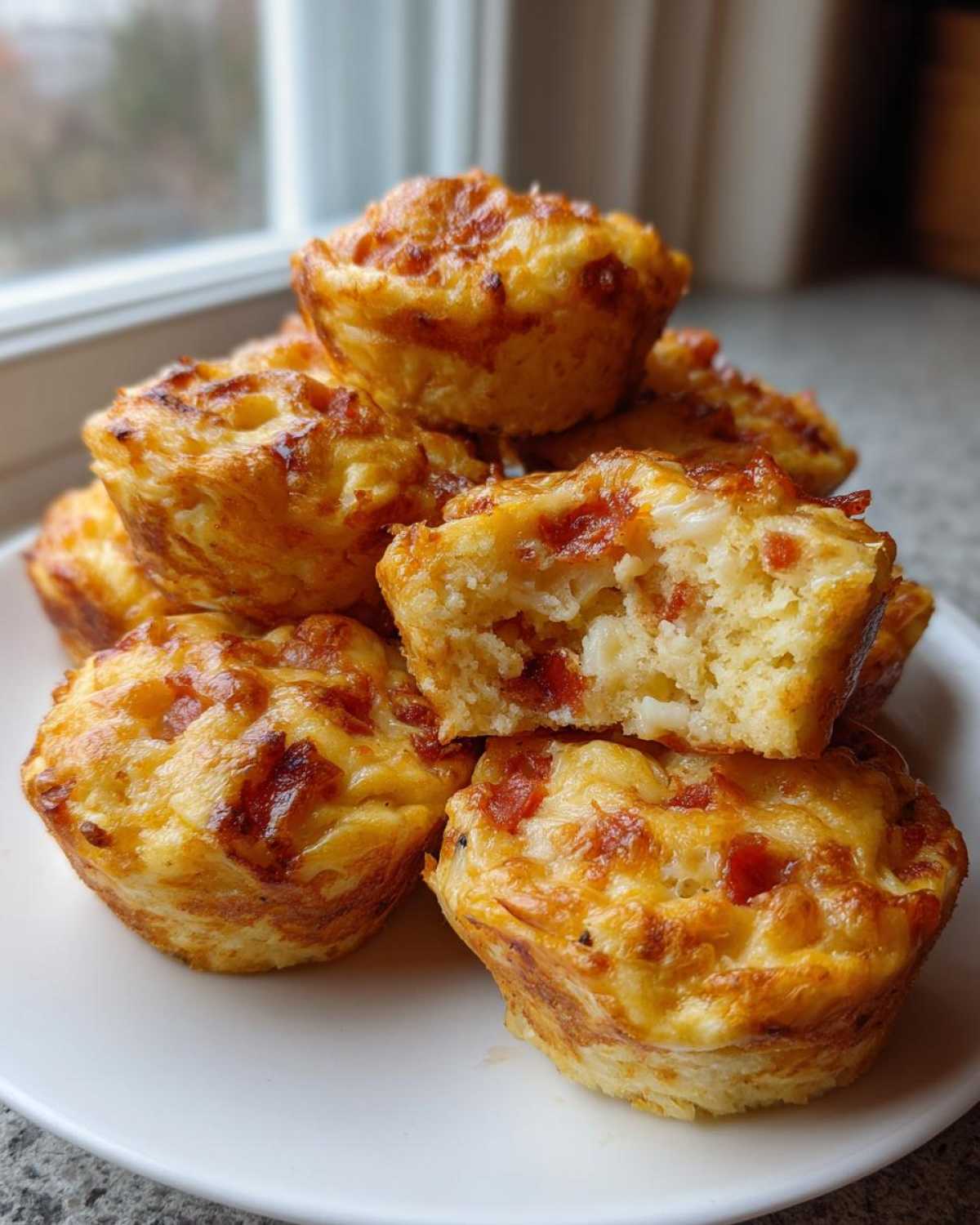 A stack of golden brown, cheesy Pizza Muffins on a white plate, one cut open showing the interior.
