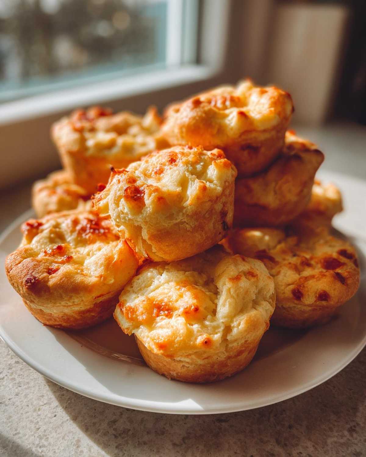 A stack of freshly baked, golden brown Pizza Muffins with melted cheese topping, sitting on a white plate.