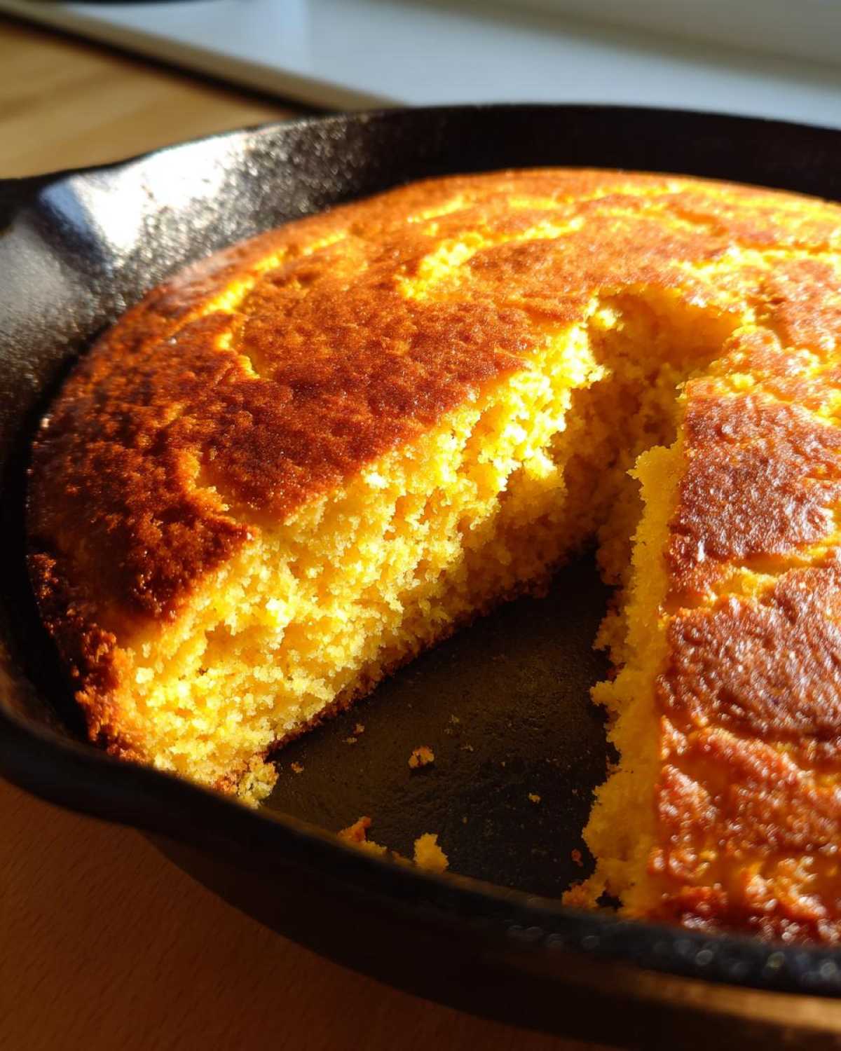 Close-up of golden skillet cornbread baked in a cast iron pan with a slice removed, highlighting the crispy edge.