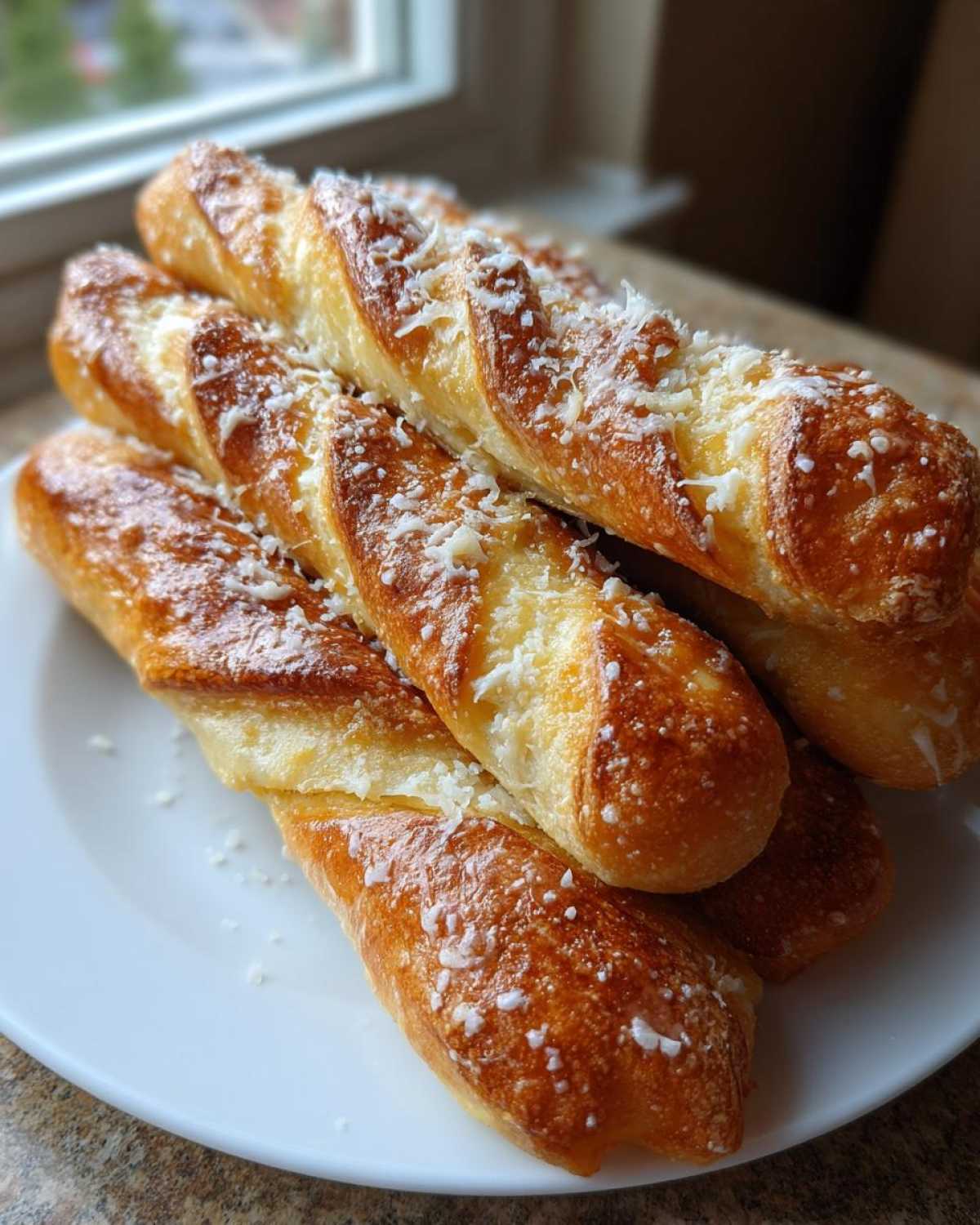 A stack of golden brown, twisted breadsticks topped with grated Parmesan cheese on a white plate.