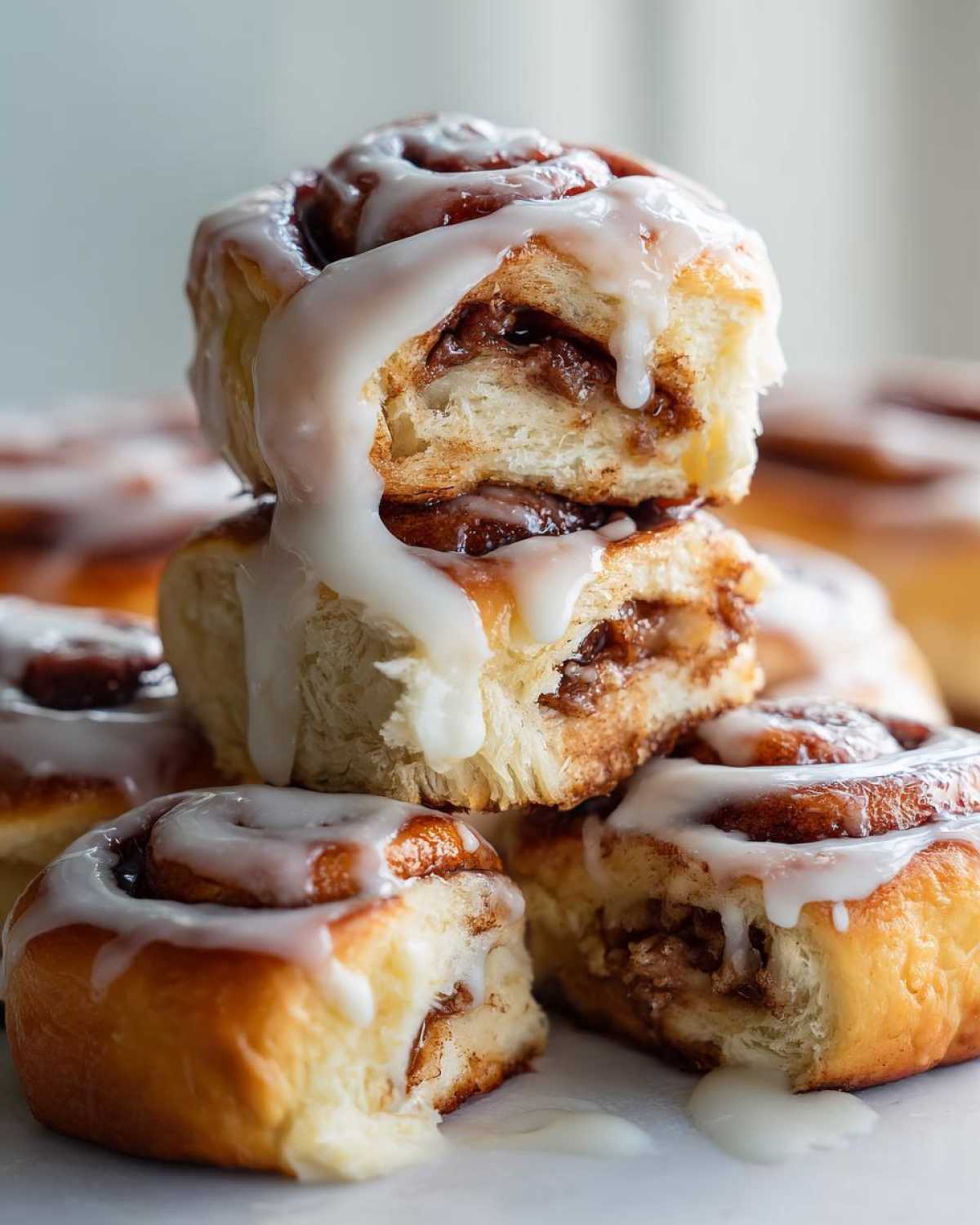 Close-up of a stack of soft, fluffy cinnamon roll pastries generously covered in dripping white glaze.