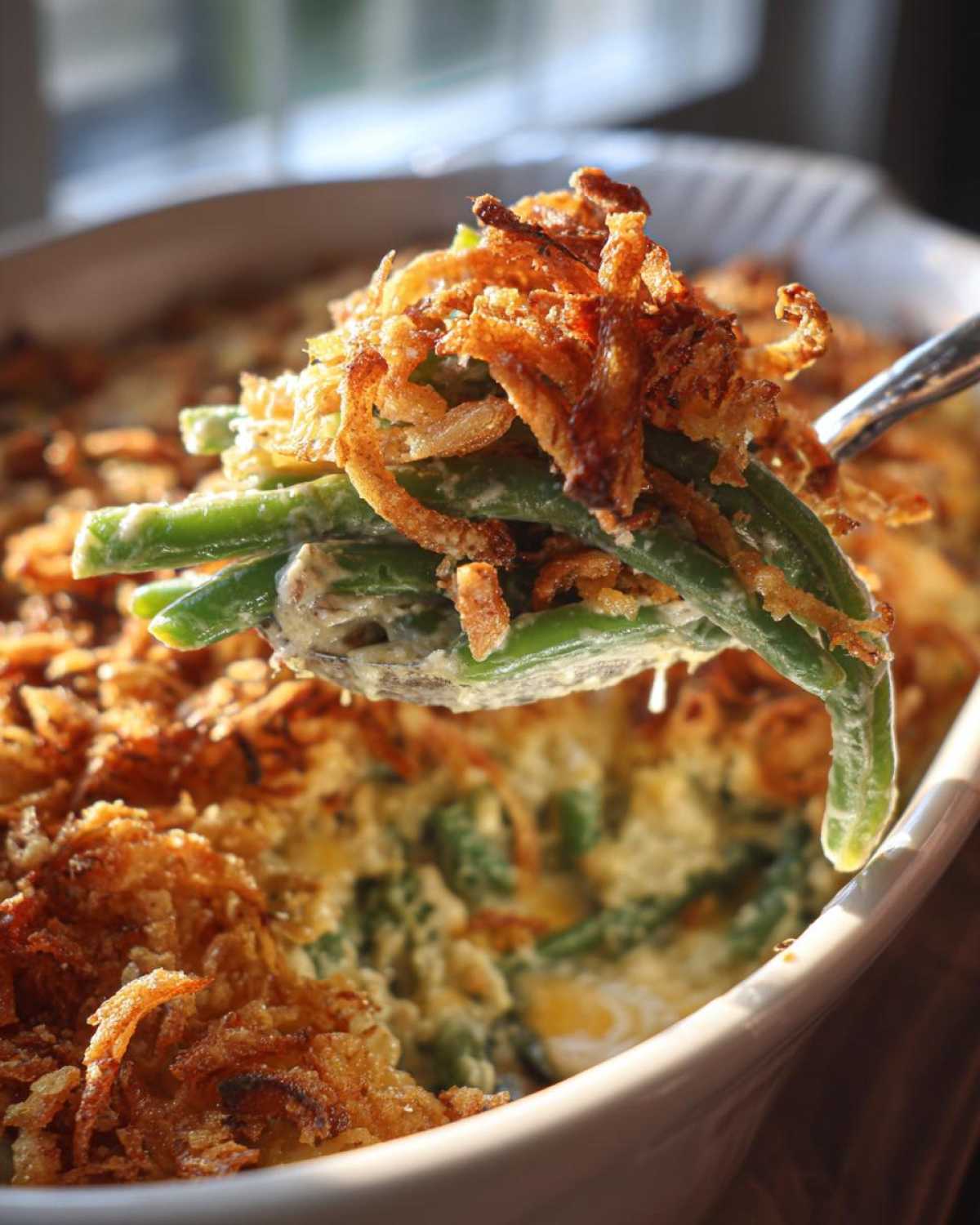 A spoonful of creamy green bean casserole topped with crispy fried onions being lifted from a white baking dish.