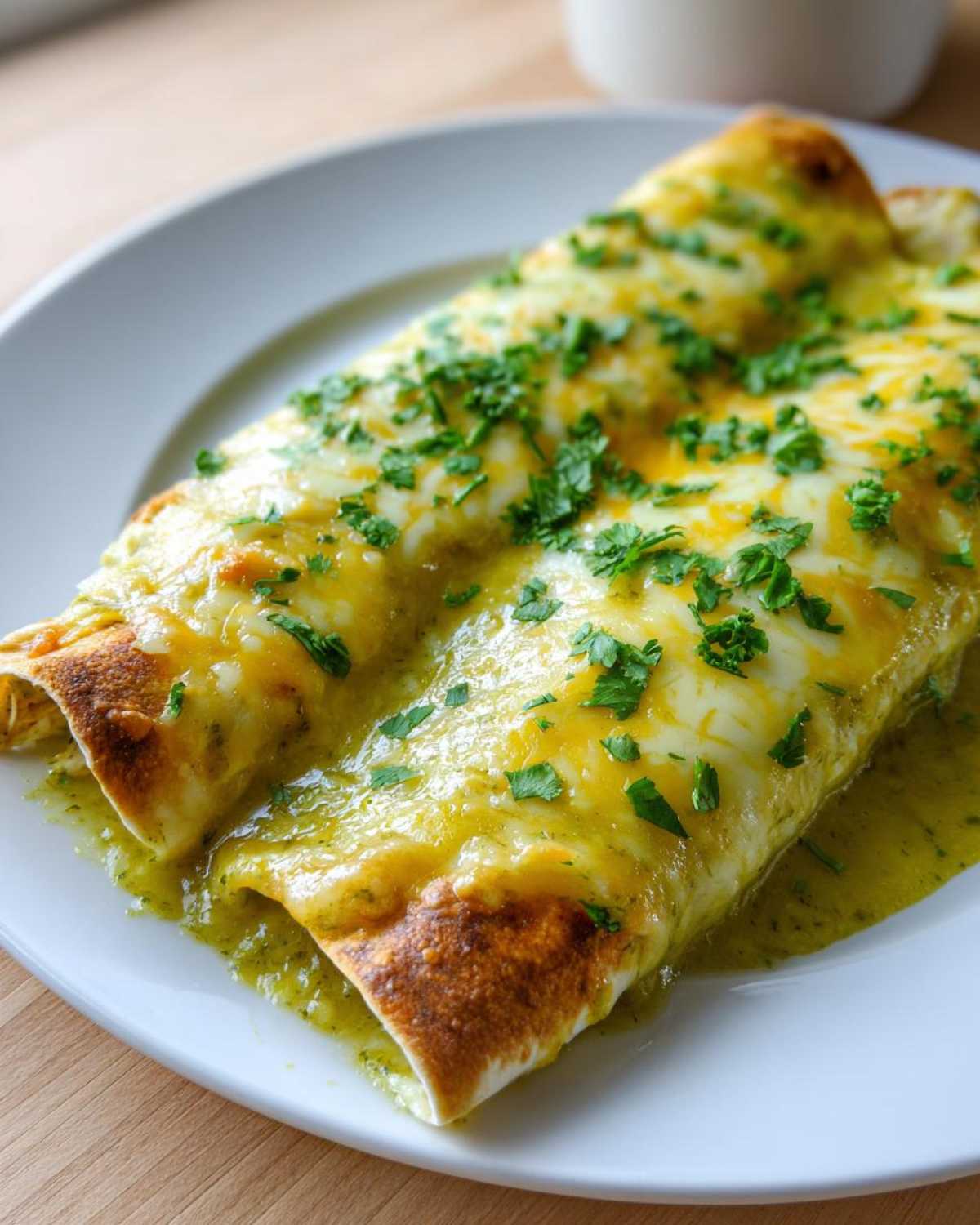 Close-up of two green chile chicken enchiladas covered in melted white and yellow cheese and fresh cilantro.