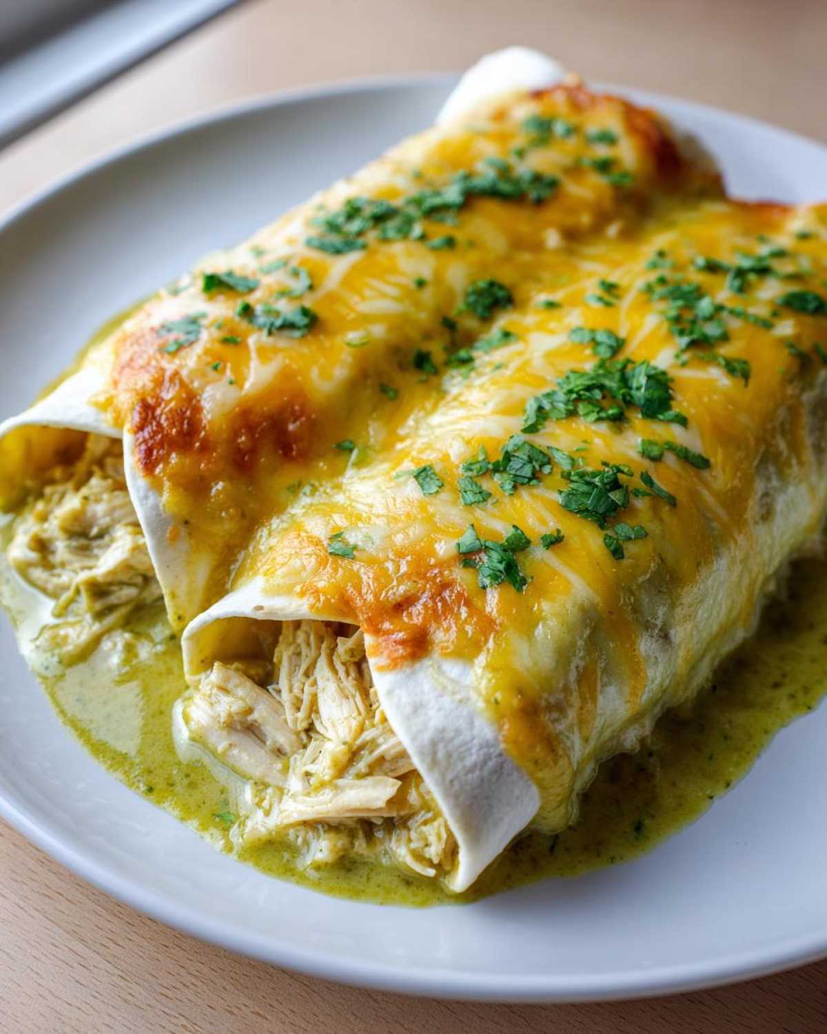 Two delicious green chile chicken enchiladas smothered in melted cheese and topped with cilantro.