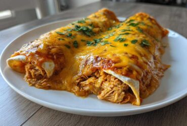 Two delicious green chile chicken enchiladas covered in melted orange cheese and fresh cilantro.