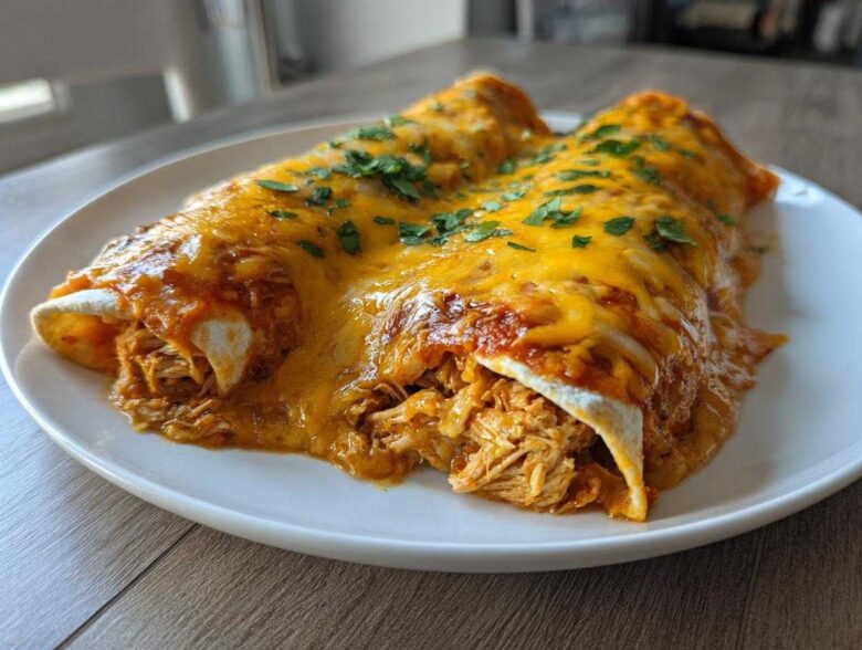 Two delicious green chile chicken enchiladas covered in melted orange cheese and fresh cilantro.