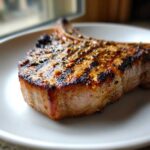 Close-up of a juicy, grilled bone-in pork chop showing char marks, likely prepared with a marinade for pork chops.
