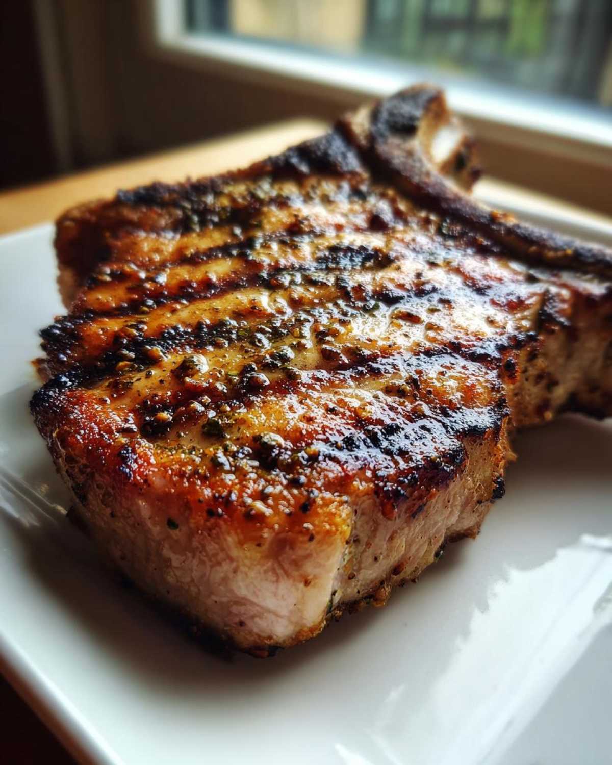 Close-up of a thick, juicy grilled pork chop showing char marks and seasoning from the marinade for pork chops.