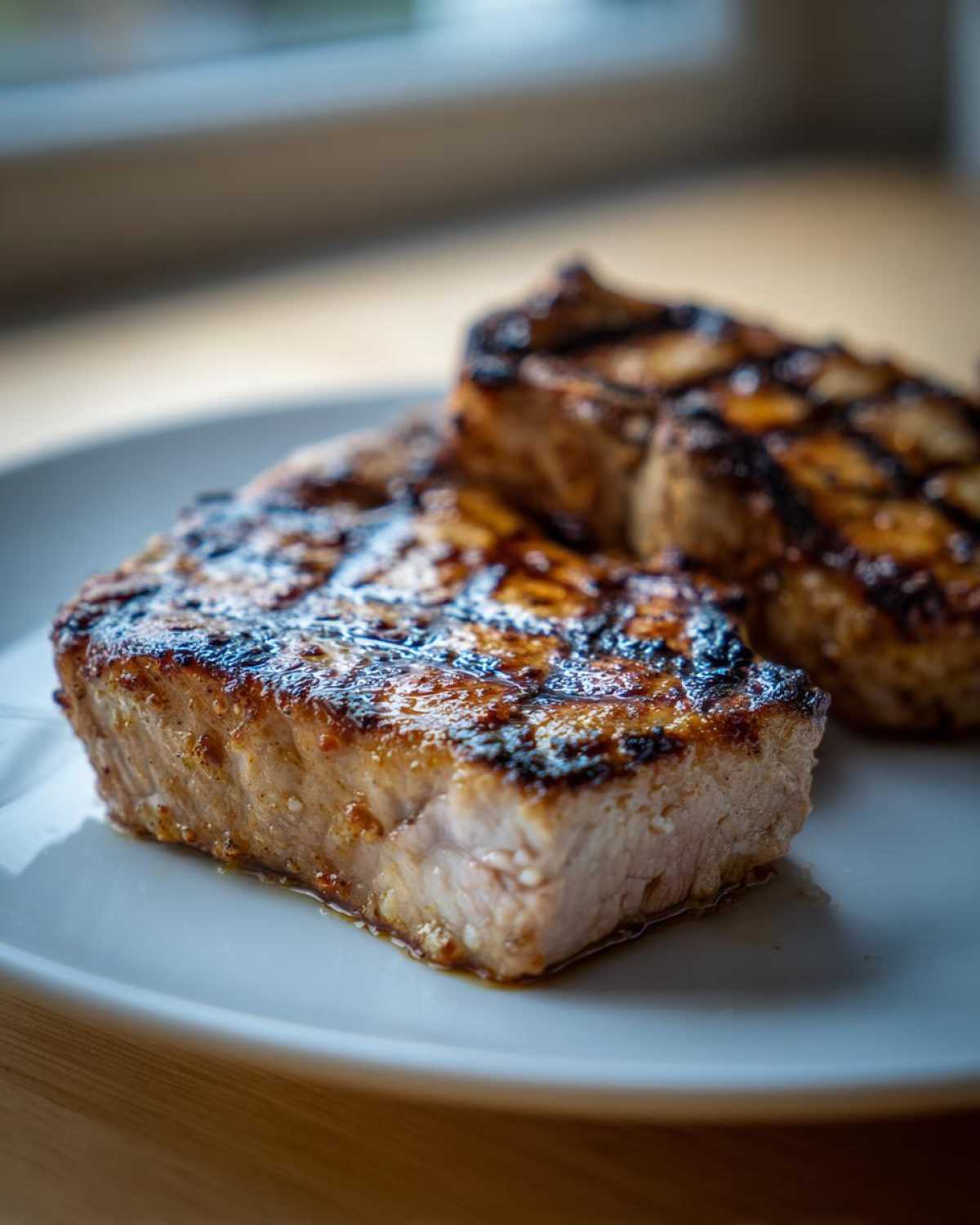 Close-up of two thick, juicy pork chops with distinct grill marks, fresh from the marinade.