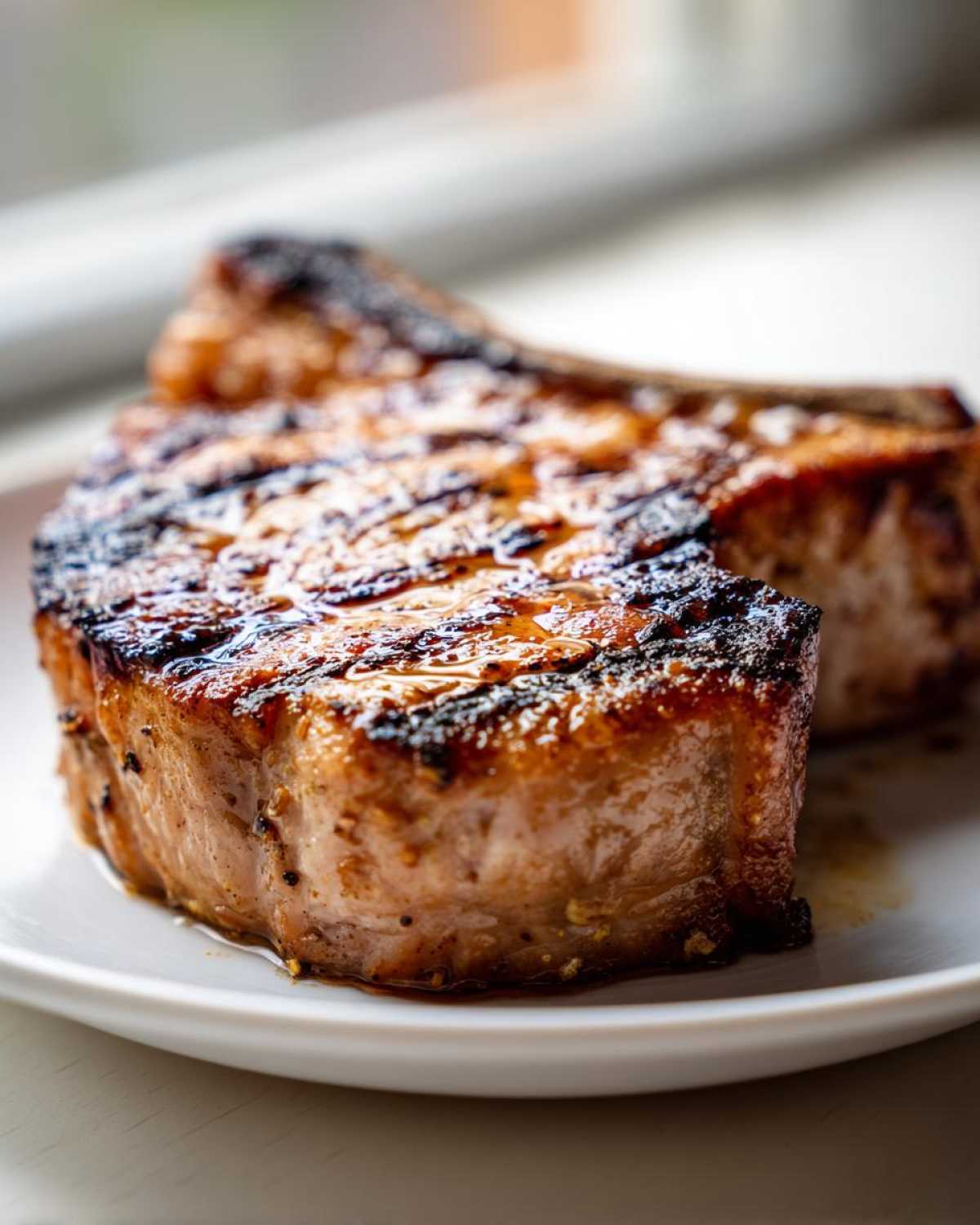 Close-up of thick, grilled pork chops showing char marks, glistening from the marinade for pork chops.