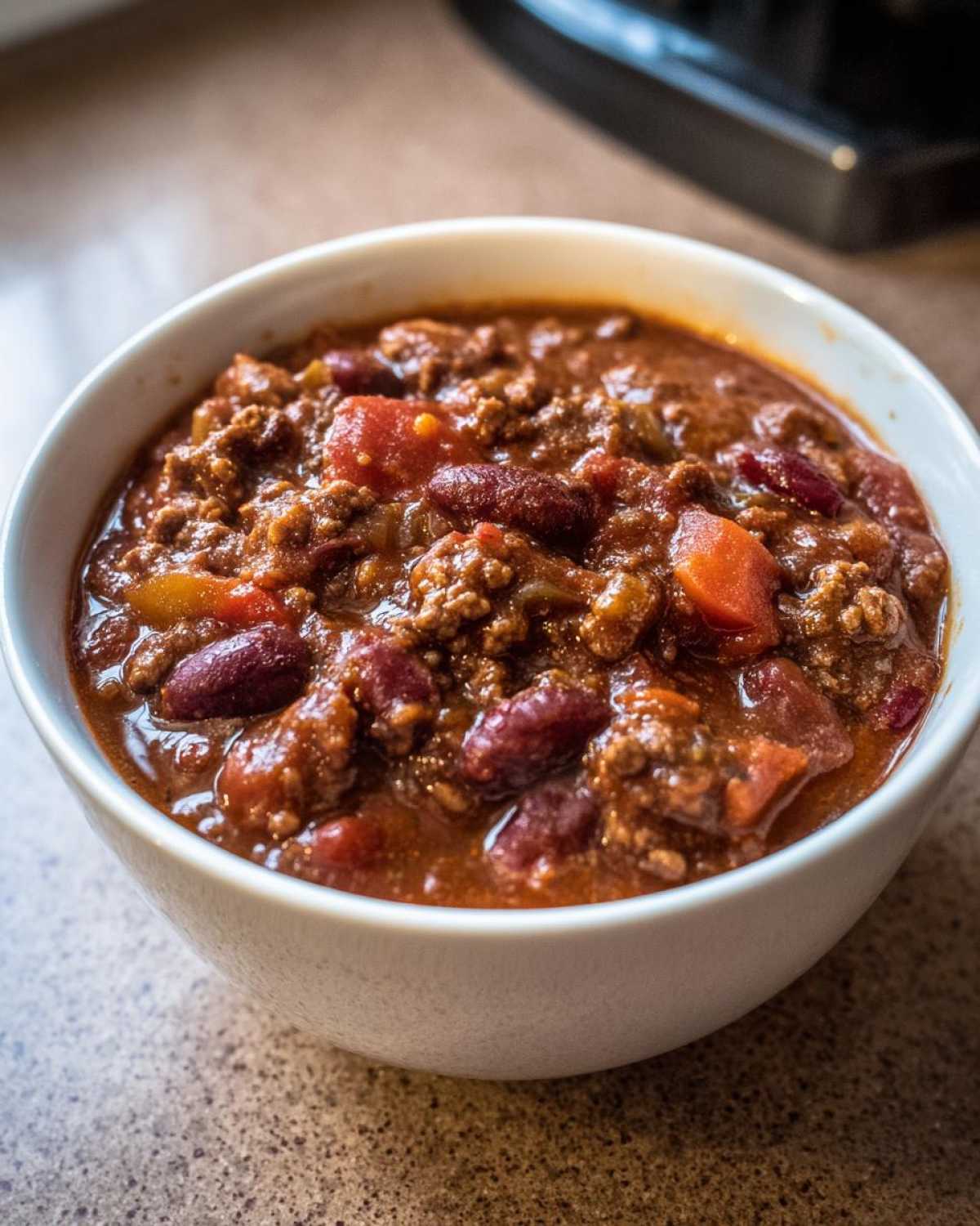 Close-up of a white bowl filled with rich, thick crockpot chili featuring ground meat and kidney beans.