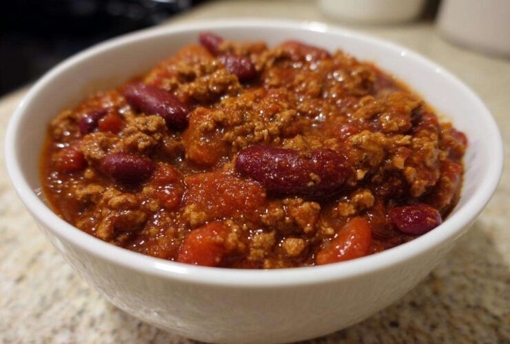 Close-up of a white bowl filled with rich, hearty crockpot chili featuring ground meat and dark red kidney beans.