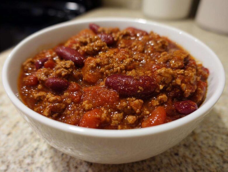 Close-up of a white bowl filled with rich, hearty crockpot chili featuring ground meat and dark red kidney beans.