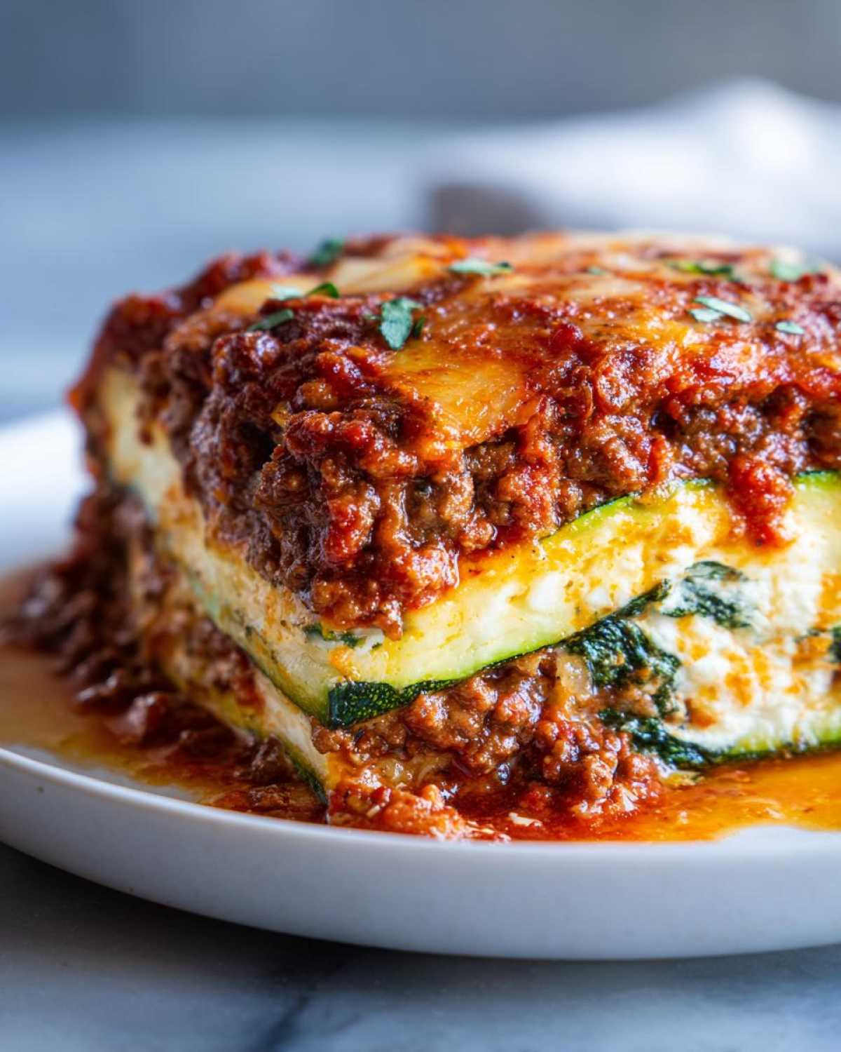 Close-up of a hearty slice of zucchini lasagna layered with meat sauce and ricotta cheese.