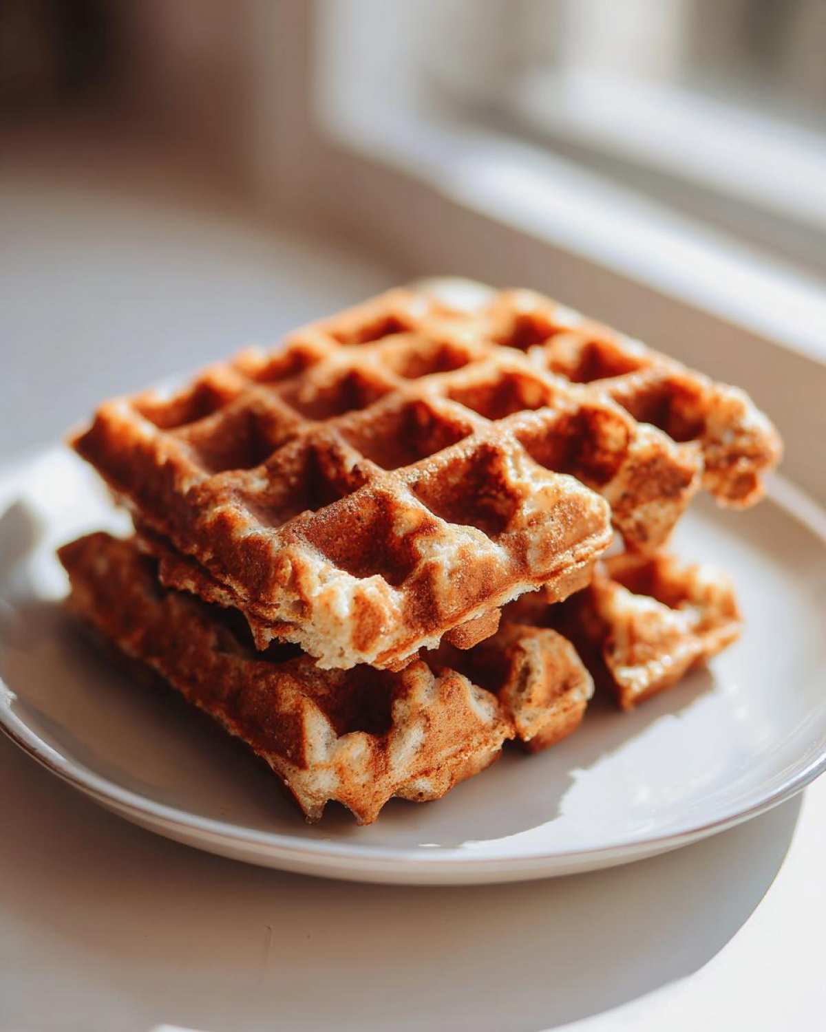 A stack of three golden brown high protein waffles resting on a white plate, illuminated by bright window light.