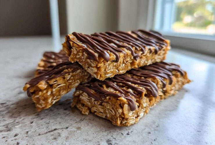 Close-up of stacked homemade protein bars made with oats and drizzled with melted chocolate.
