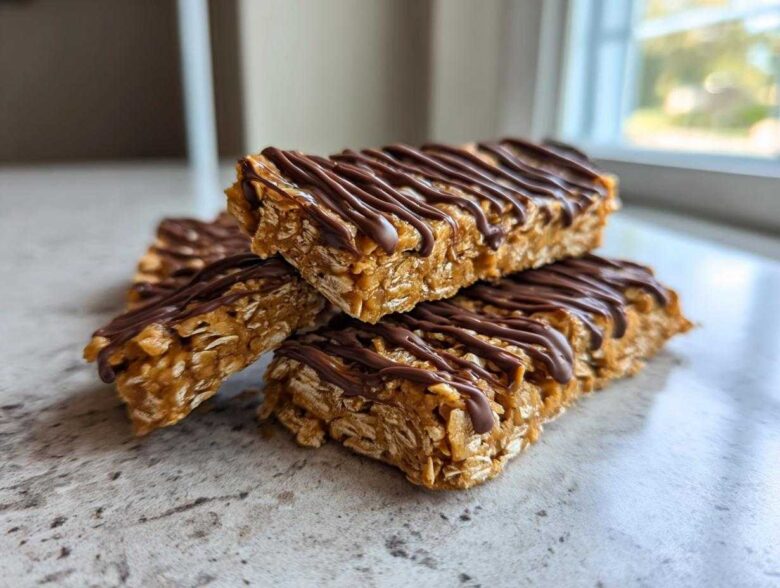 Close-up of stacked homemade protein bars made with oats and drizzled with melted chocolate.