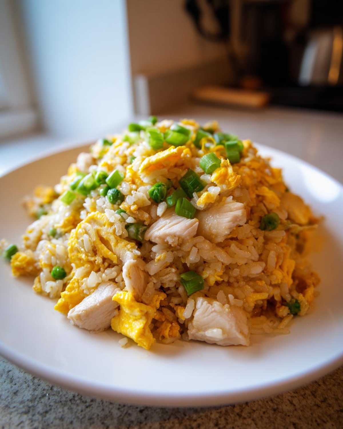 A close-up of a generous serving of homemade chicken fried rice with scrambled egg, peas, and green onions.