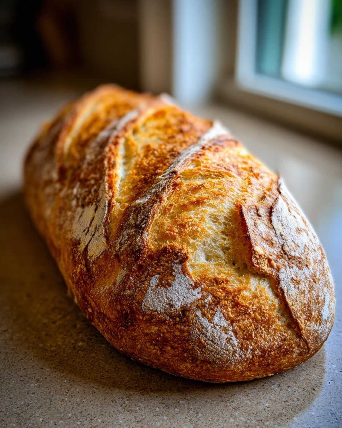 A close-up of a golden-brown, crusty loaf of homemade french bread resting on a countertop.