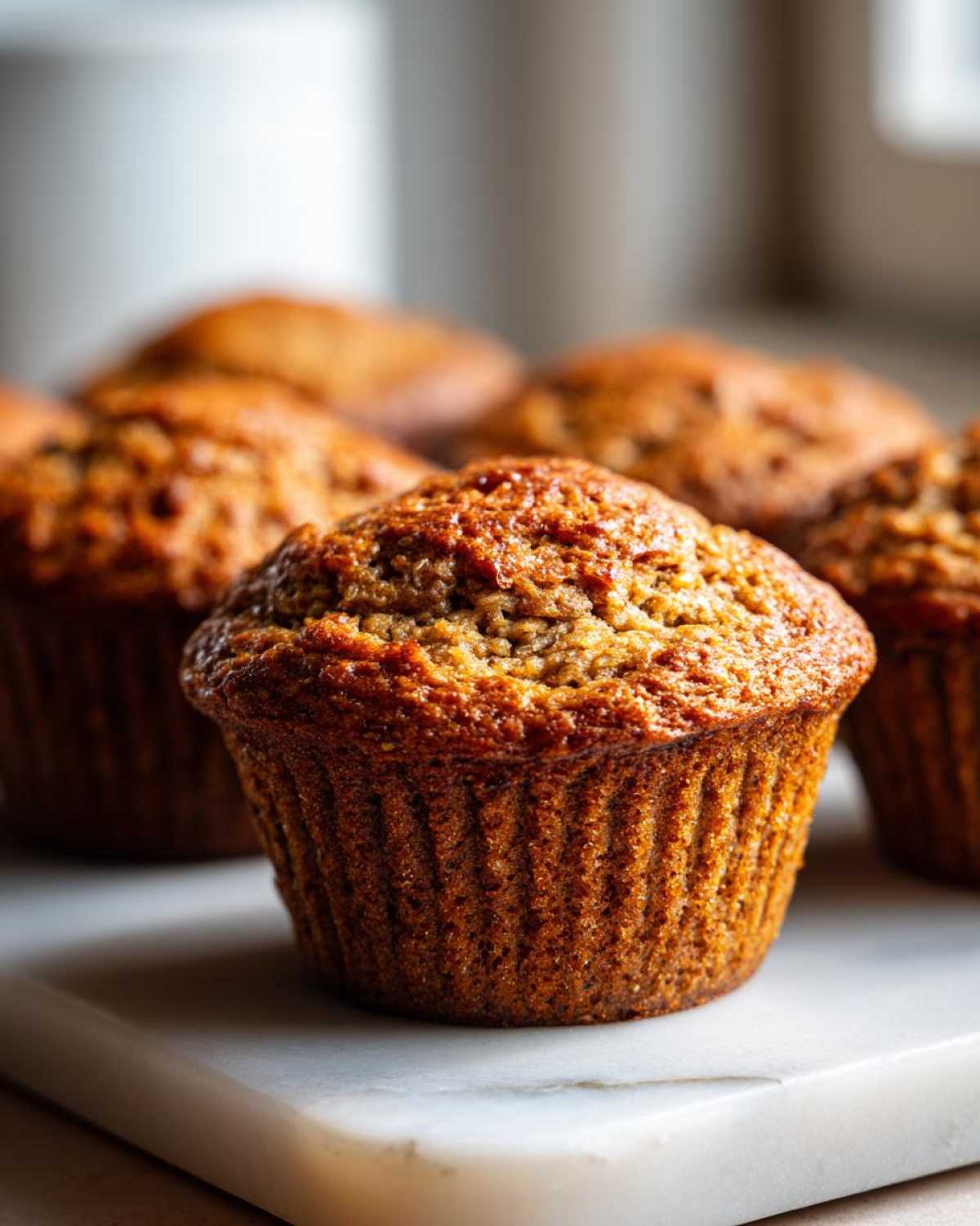 A close-up, appetizing shot of a freshly baked honey bran muffin with a golden-brown, textured top.