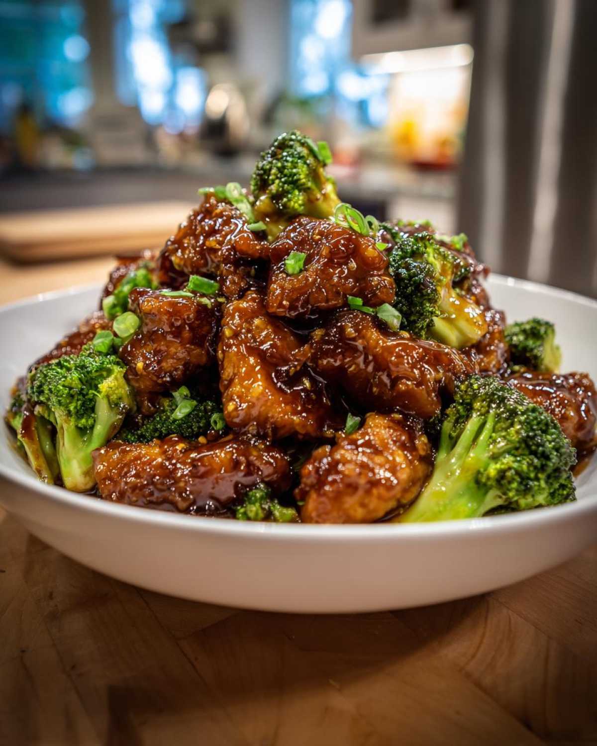 Close-up of sticky, glazed honey garlic chicken and broccoli piled high in a white serving bowl.
