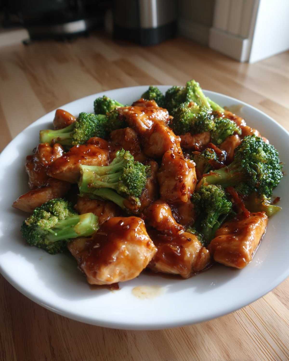 Close-up of glazed chicken and bright green broccoli florets served on a white plate, featuring honey garlic chicken and broccoli.