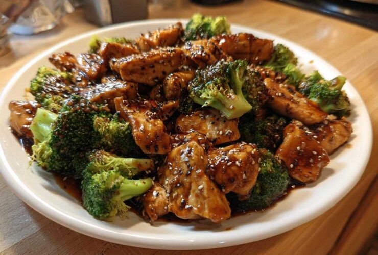 Close-up of glazed chicken and broccoli stir-fry, featuring sesame seeds, a perfect chicken and broccoli dish.